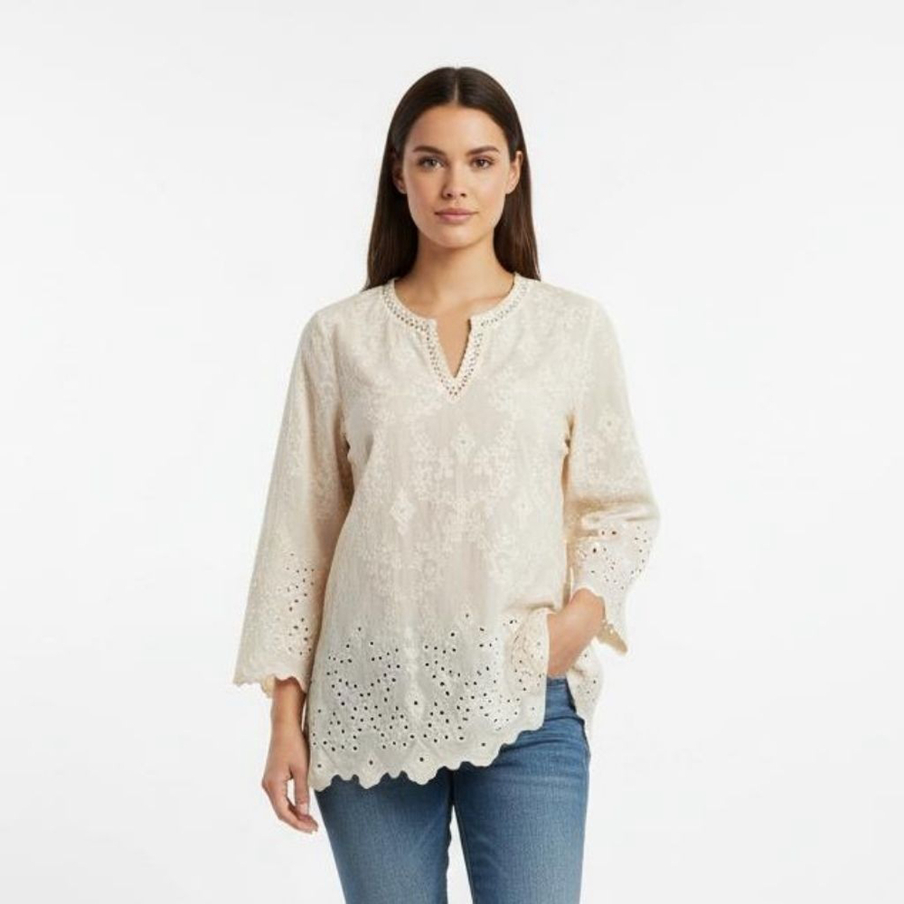John Mark Winter White Velvet Eyelet Scalloped Bell Sleeve Top - NEW